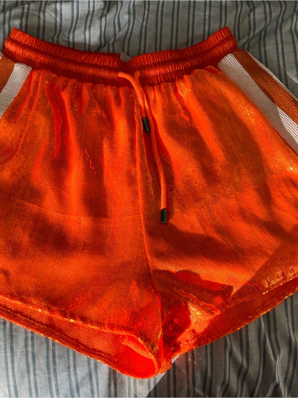 Women's Orange Sequin Athletic Shorts - Casual Drawstring Style